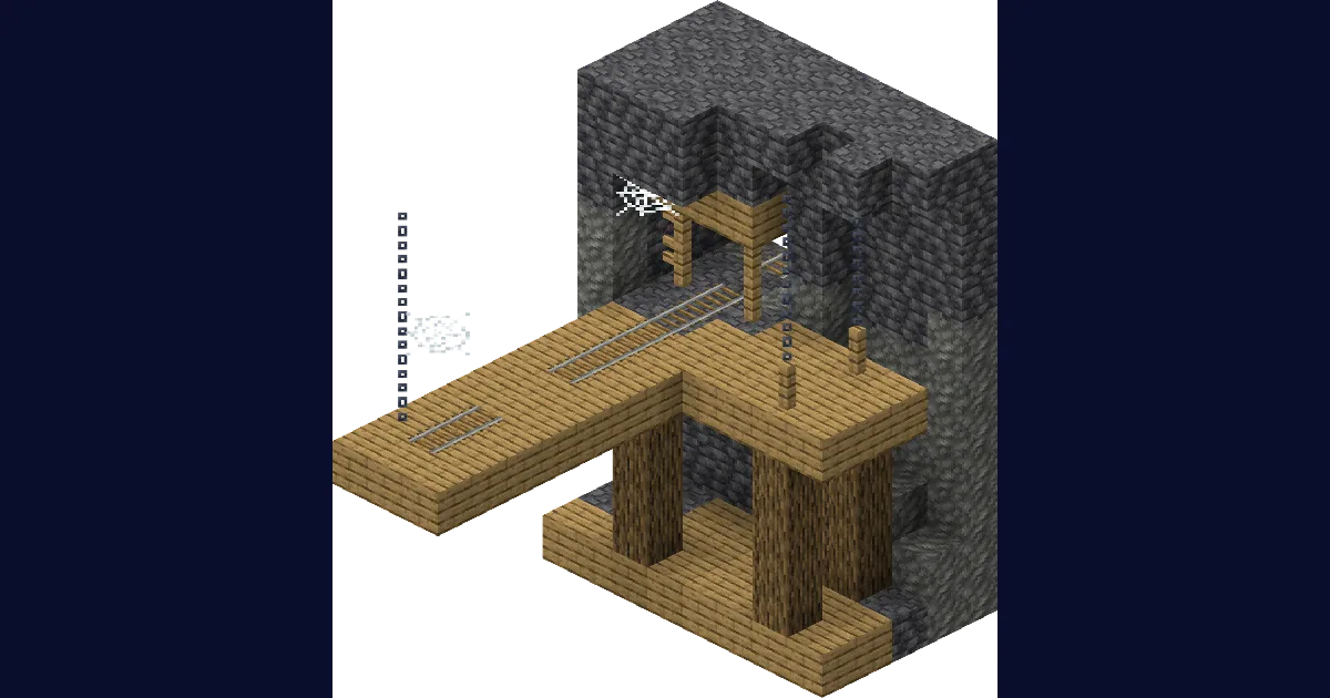 A cutaway view of an abandoned mineshaft with rails, supports and cave spider spawners