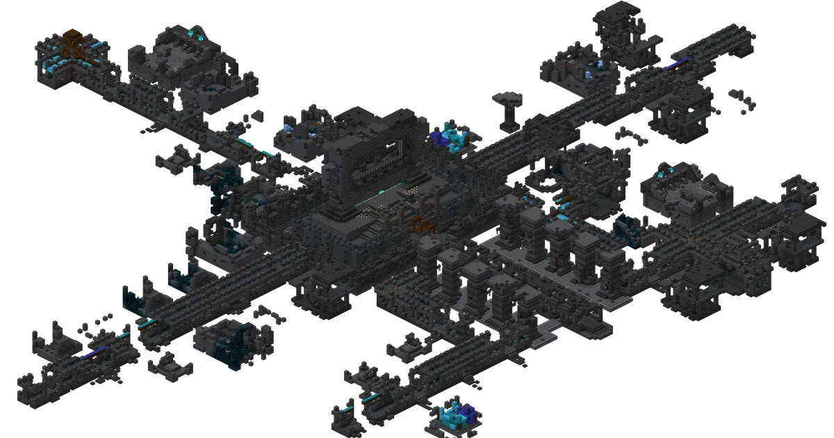 A cutaway view of a complete Ancient City, showing its central structure, corridors and side buildings