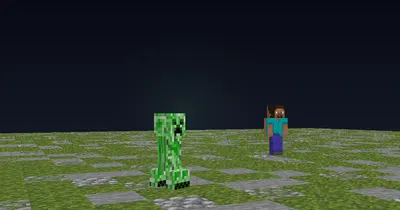 A creeper standing on grass with a player figure a few blocks away