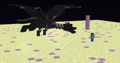 The Ender Dragon perched on the end stone, with a player standing nearby for scale