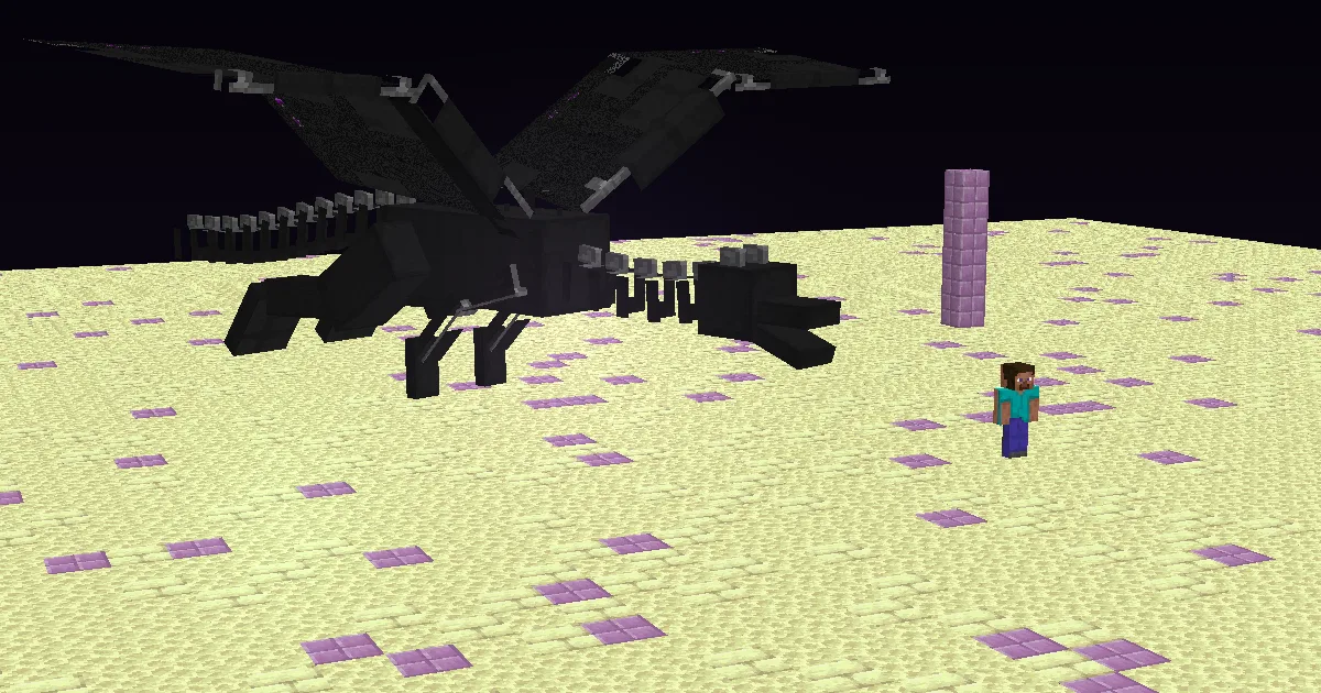 The Ender Dragon perched on the end stone, with a player standing nearby for scale