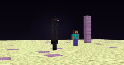 An Enderman standing at night with a player figure a few blocks away