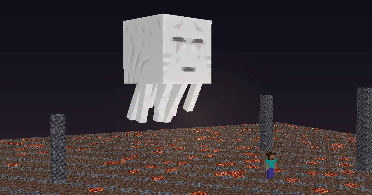 A ghast drifting over a lava lake in the Nether with a player figure below