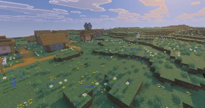 A meadow biome on a hillside, grass and flowers with mountains behind it