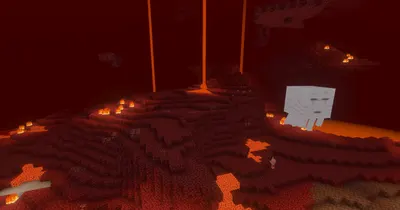 The Nether wastes, netherrack cliffs and lava under a red haze