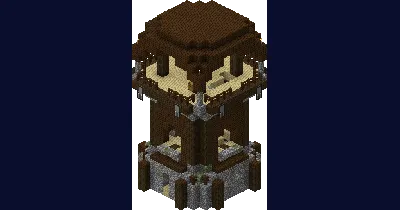 A Pillager Outpost tower with its wooden platforms, cages and surrounding tents