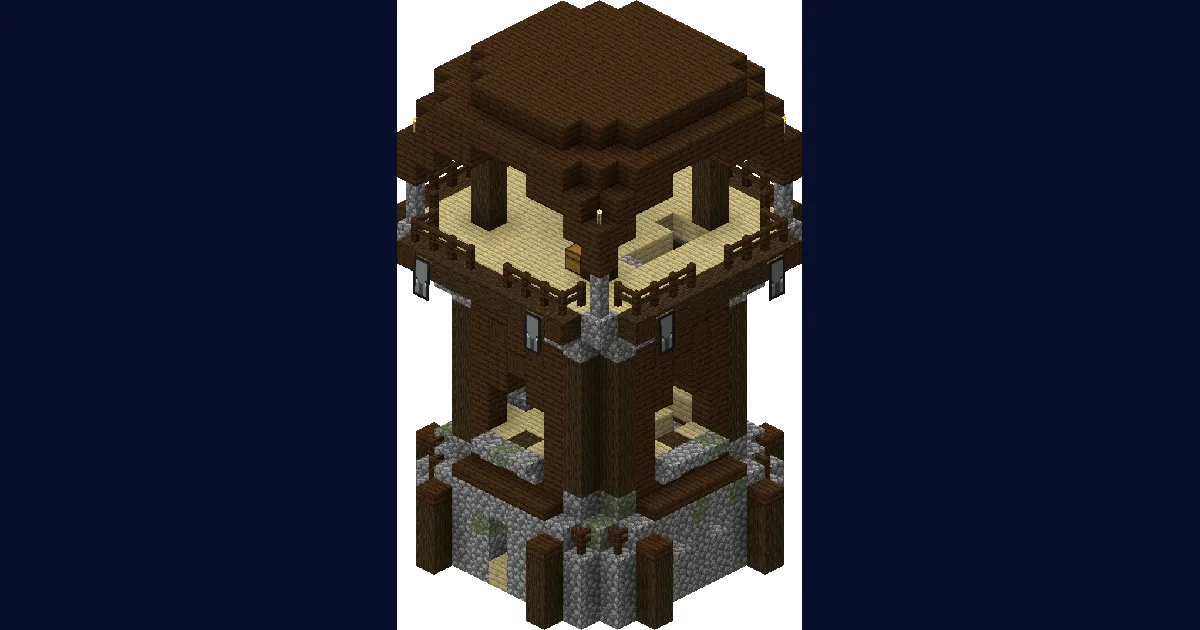 A Pillager Outpost tower with its wooden platforms, cages and surrounding tents