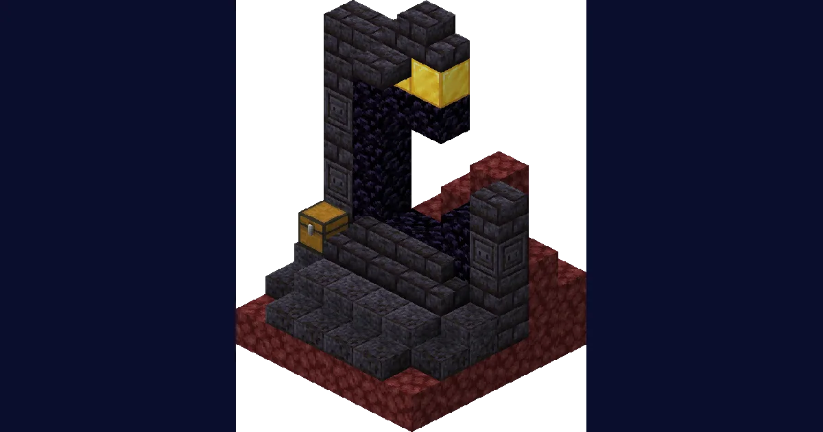 A ruined Nether portal on the Nether side, broken obsidian against netherrack