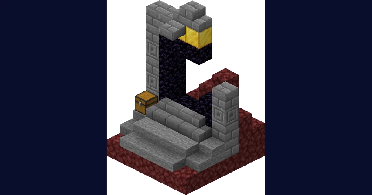 A ruined Nether portal in the Overworld, broken obsidian frame with crying obsidian and gold blocks