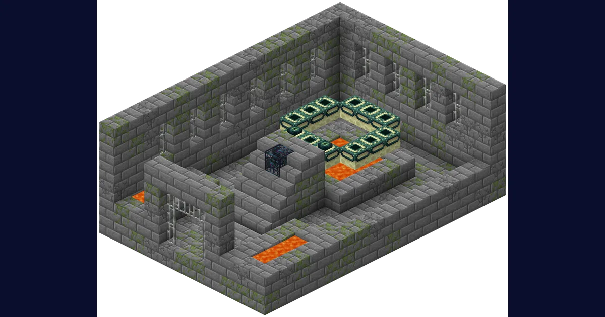 A cutaway view of a Stronghold showing its corridors, library and the End Portal room