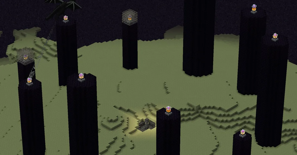 The central island of the End, with obsidian pillars rising over the pale end stone