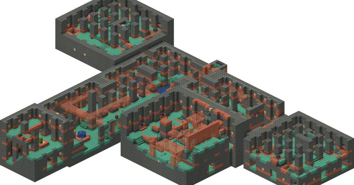 A cutaway view of a Trial Chamber, showing copper corridors, spawners and reward vaults
