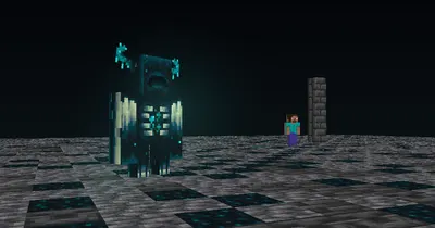 The Warden standing in the deep dark on sculk covered stone, with a player figure at a distance