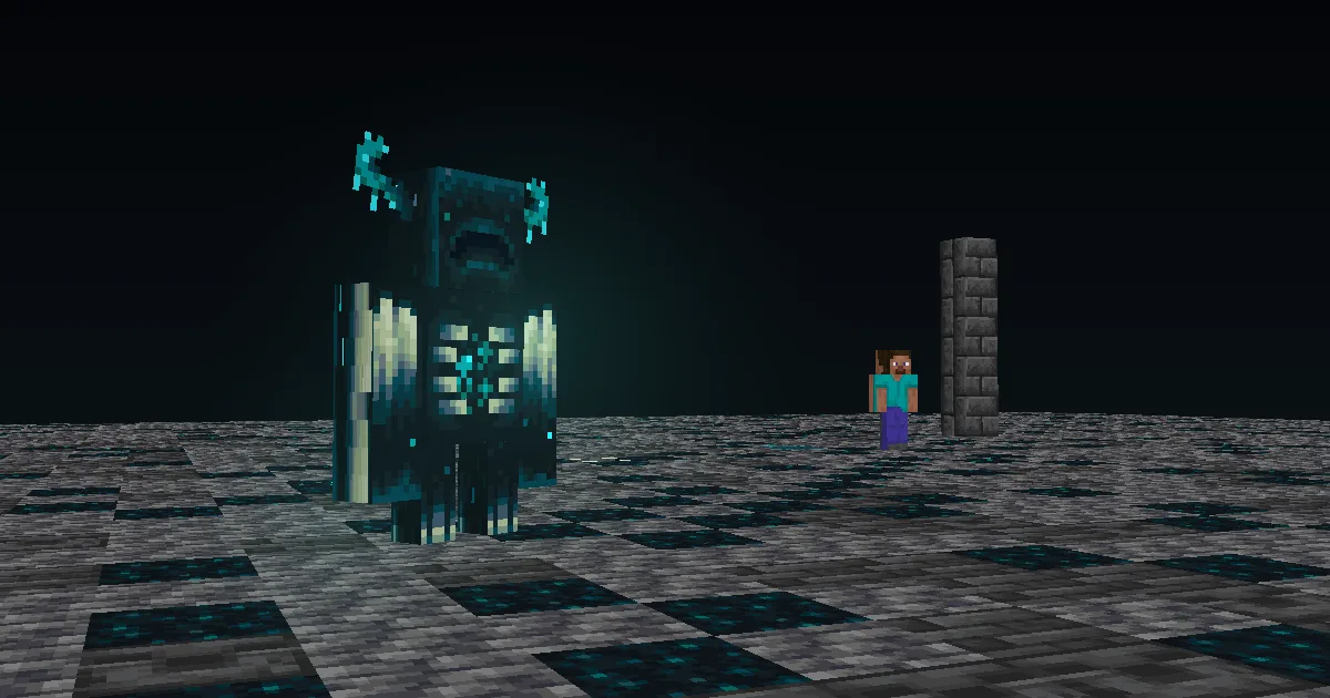 The Warden standing in the deep dark on sculk covered stone, with a player figure at a distance