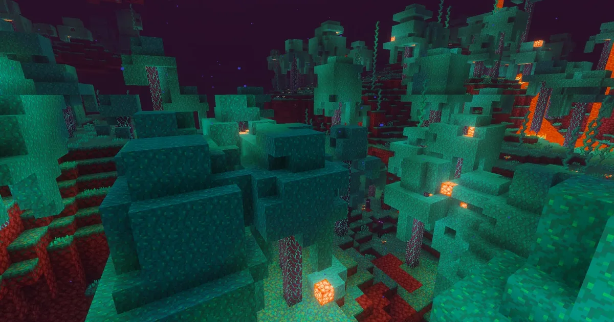 A warped forest in the Nether, blue stems and warped fungi under teal fog