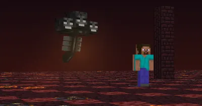 The three headed Wither hovering above a lava field in the Nether