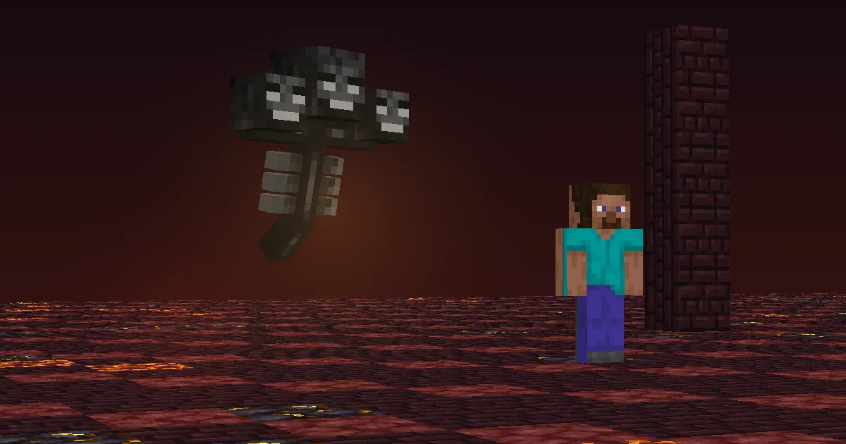 The three headed Wither hovering above a lava field in the Nether